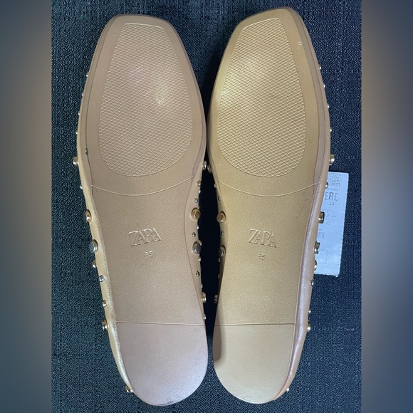 ZARA Studded Ballet Flats Natural Tan Embellished Silver Gold 35 / US 5 NEW NWT - Picture 6 of 7